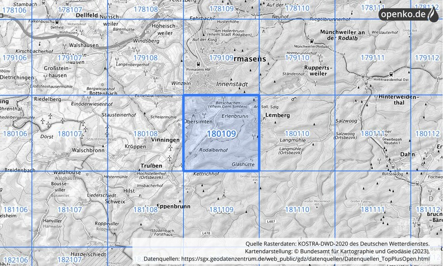 Übersichtskarte des KOSTRA-DWD-2020-Rasterfeldes Nr. 180109
