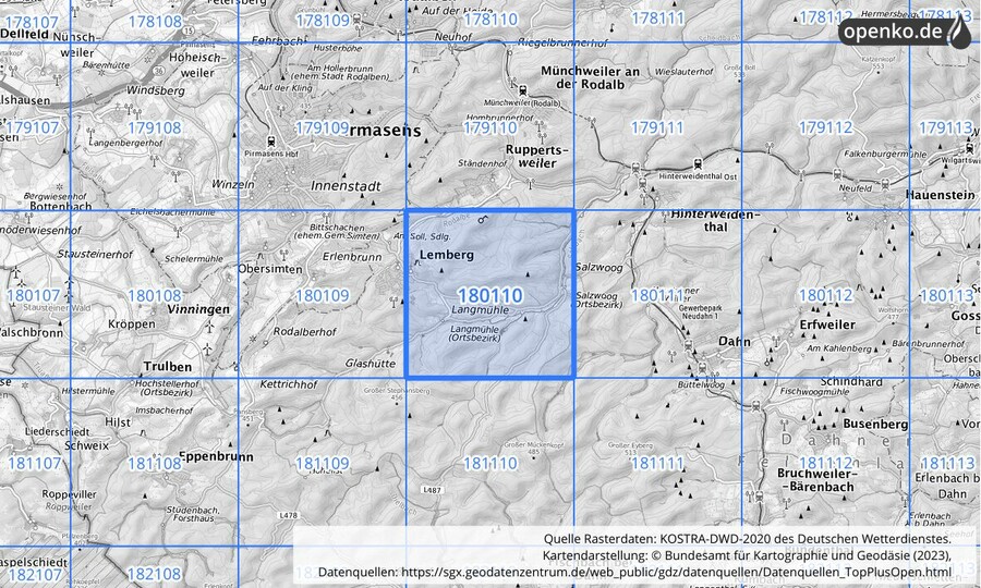 Übersichtskarte des KOSTRA-DWD-2020-Rasterfeldes Nr. 180110