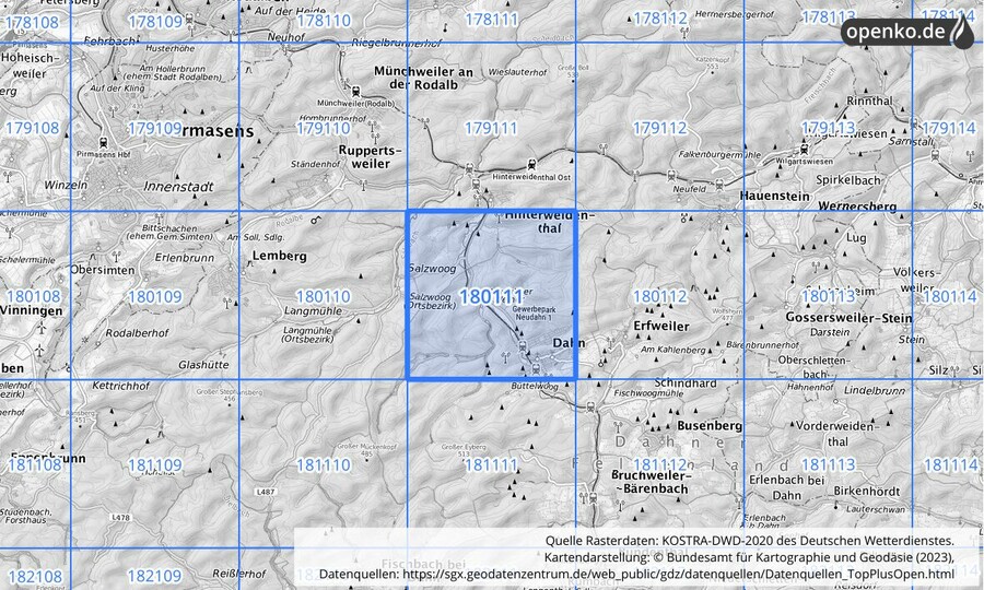 Übersichtskarte des KOSTRA-DWD-2020-Rasterfeldes Nr. 180111