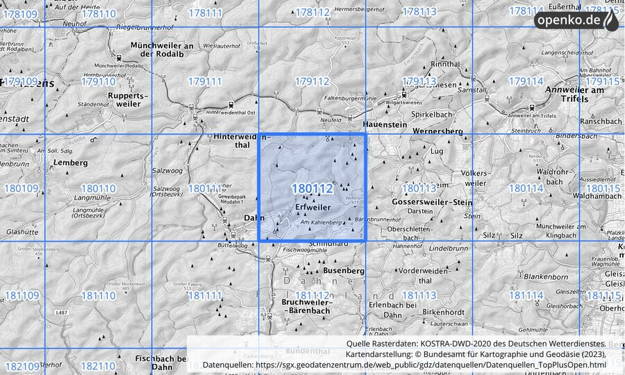 Übersichtskarte des KOSTRA-DWD-2020-Rasterfeldes Nr. 180112