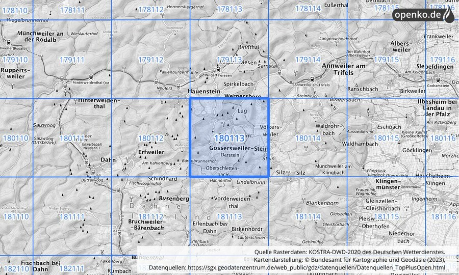 Übersichtskarte des KOSTRA-DWD-2020-Rasterfeldes Nr. 180113