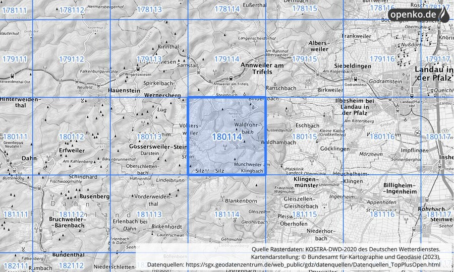 Übersichtskarte des KOSTRA-DWD-2020-Rasterfeldes Nr. 180114