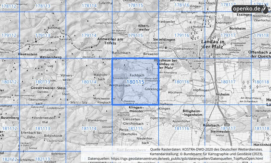 Übersichtskarte des KOSTRA-DWD-2020-Rasterfeldes Nr. 180115