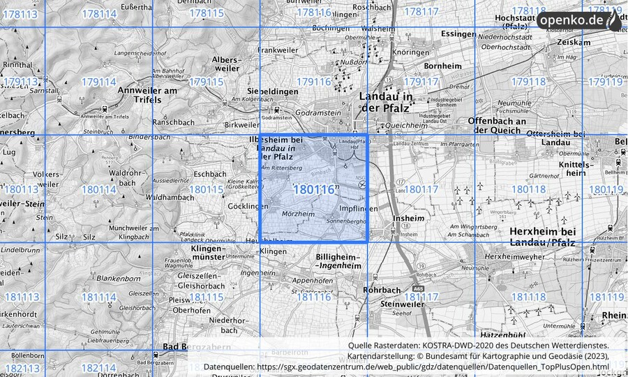 Übersichtskarte des KOSTRA-DWD-2020-Rasterfeldes Nr. 180116
