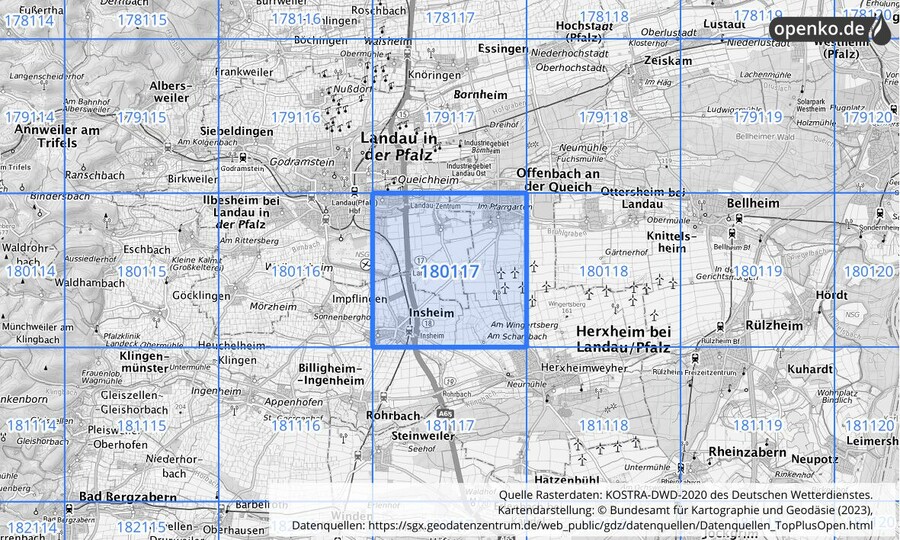 Übersichtskarte des KOSTRA-DWD-2020-Rasterfeldes Nr. 180117