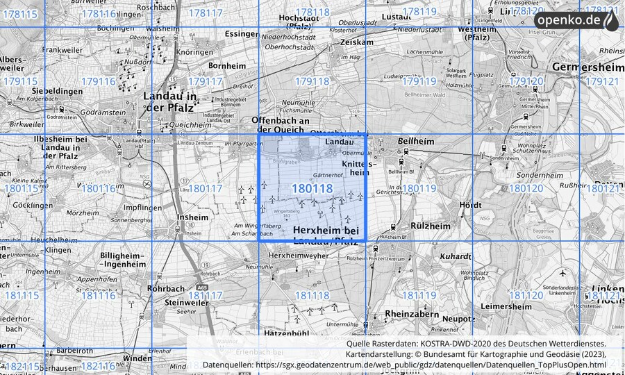 Übersichtskarte des KOSTRA-DWD-2020-Rasterfeldes Nr. 180118