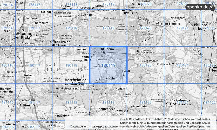 Übersichtskarte des KOSTRA-DWD-2020-Rasterfeldes Nr. 180119