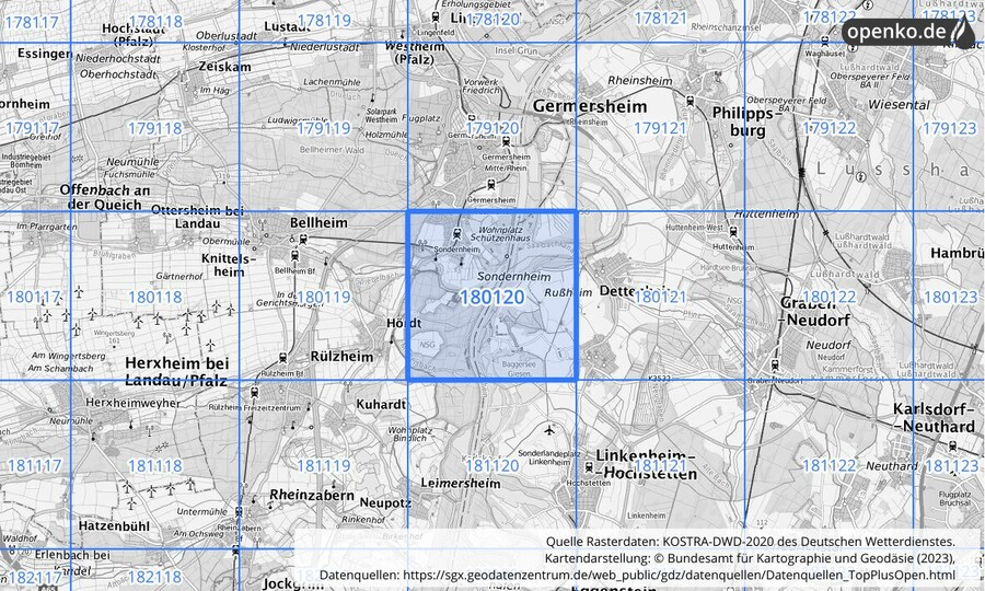 Übersichtskarte des KOSTRA-DWD-2020-Rasterfeldes Nr. 180120