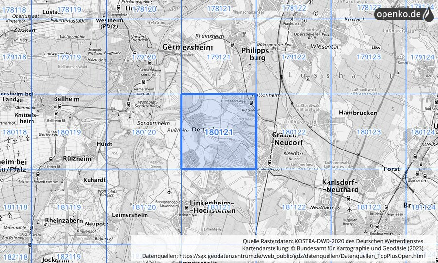 Übersichtskarte des KOSTRA-DWD-2020-Rasterfeldes Nr. 180121