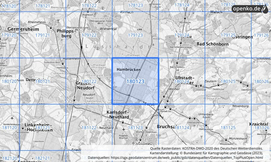 Übersichtskarte des KOSTRA-DWD-2020-Rasterfeldes Nr. 180123
