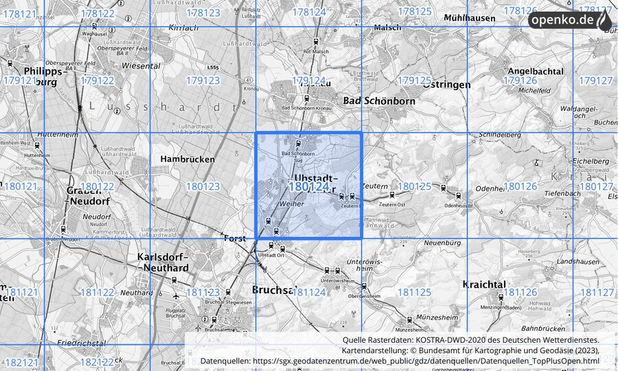 Übersichtskarte des KOSTRA-DWD-2020-Rasterfeldes Nr. 180124