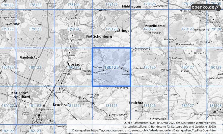 Übersichtskarte des KOSTRA-DWD-2020-Rasterfeldes Nr. 180125