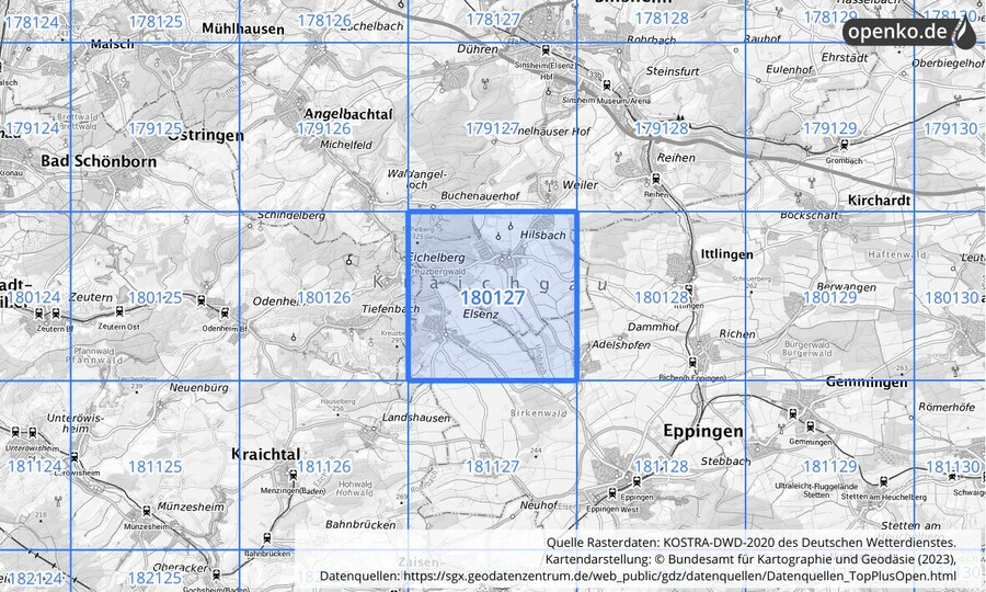 Übersichtskarte des KOSTRA-DWD-2020-Rasterfeldes Nr. 180127