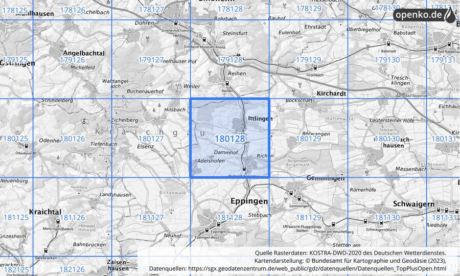 Übersichtskarte des KOSTRA-DWD-2020-Rasterfeldes Nr. 180128