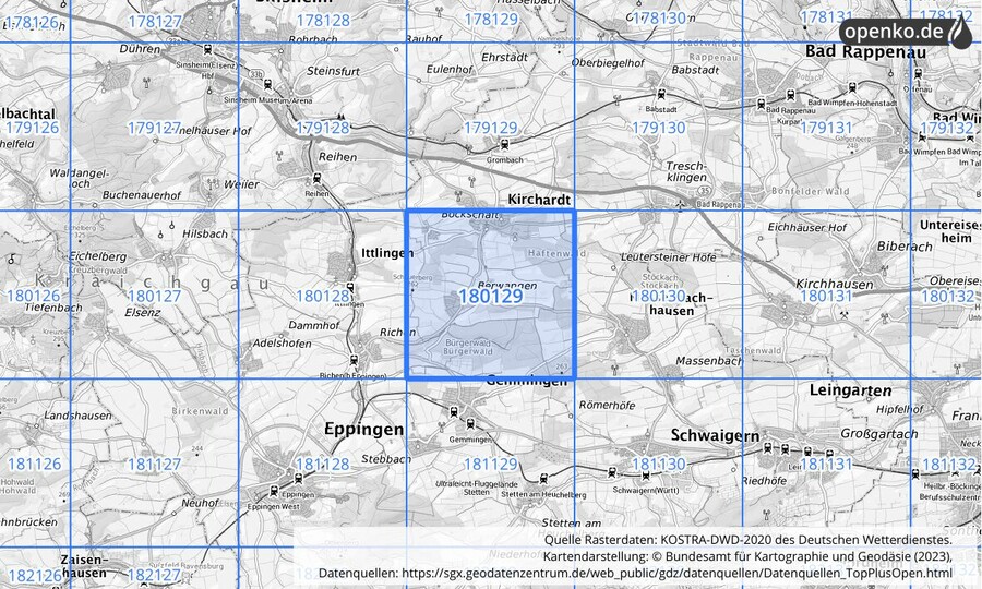 Übersichtskarte des KOSTRA-DWD-2020-Rasterfeldes Nr. 180129