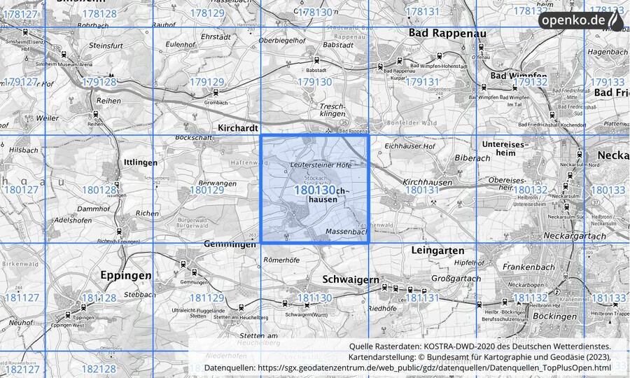 Übersichtskarte des KOSTRA-DWD-2020-Rasterfeldes Nr. 180130