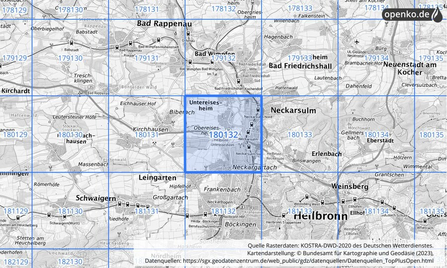 Übersichtskarte des KOSTRA-DWD-2020-Rasterfeldes Nr. 180132