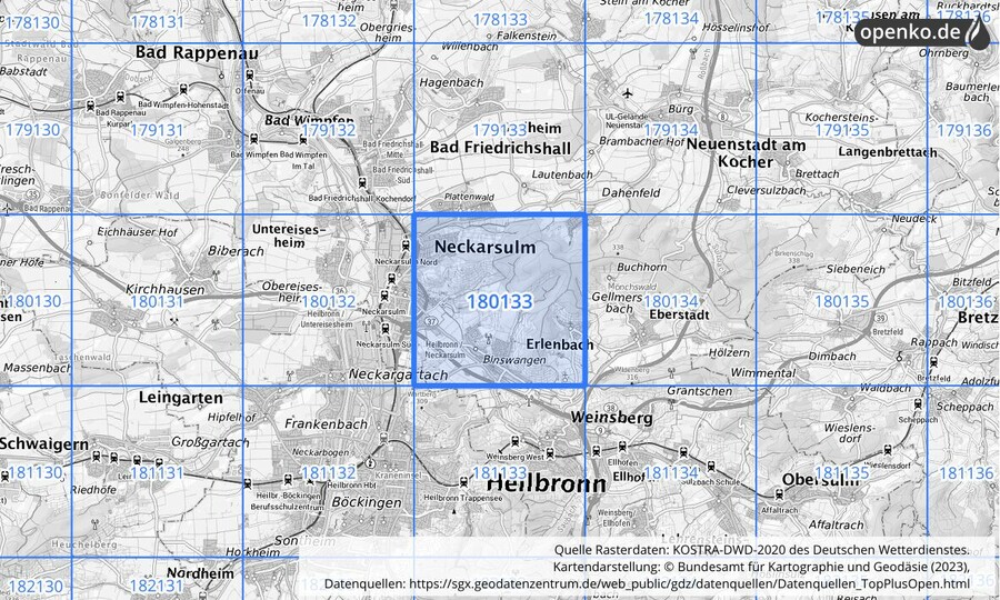Übersichtskarte des KOSTRA-DWD-2020-Rasterfeldes Nr. 180133