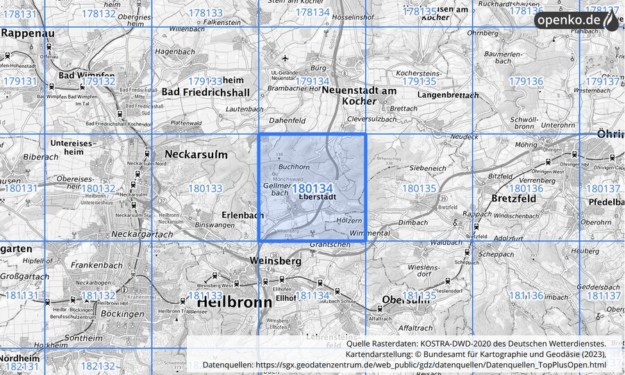 Übersichtskarte des KOSTRA-DWD-2020-Rasterfeldes Nr. 180134