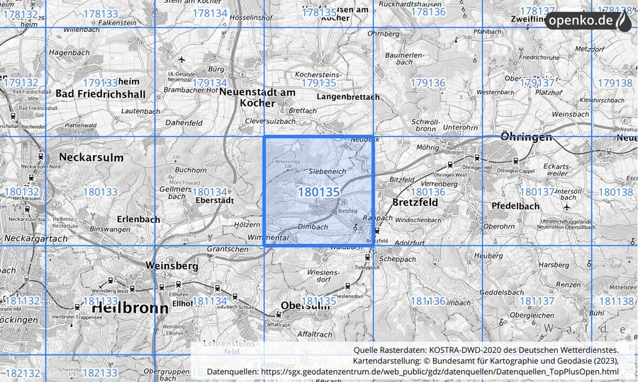 Übersichtskarte des KOSTRA-DWD-2020-Rasterfeldes Nr. 180135