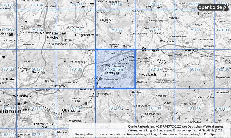 Übersichtskarte des KOSTRA-DWD-2020-Rasterfeldes Nr. 180136
