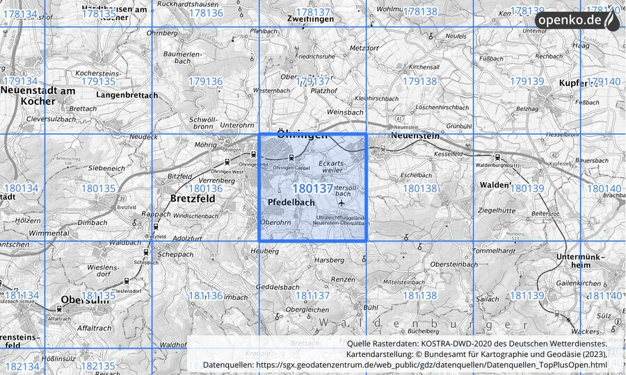 Übersichtskarte des KOSTRA-DWD-2020-Rasterfeldes Nr. 180137