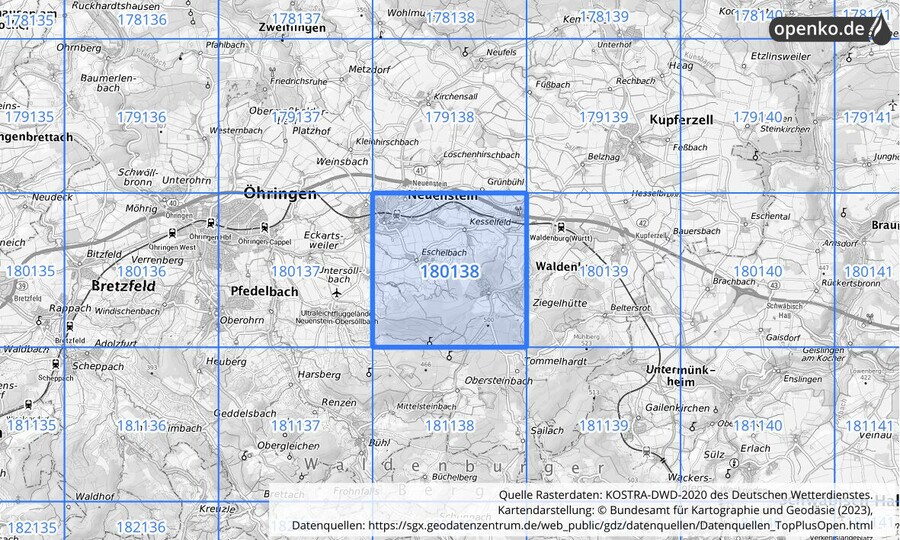 Übersichtskarte des KOSTRA-DWD-2020-Rasterfeldes Nr. 180138