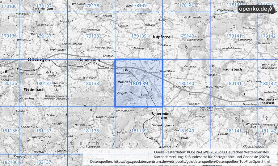 Übersichtskarte des KOSTRA-DWD-2020-Rasterfeldes Nr. 180139