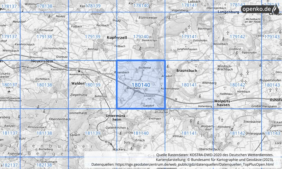 Übersichtskarte des KOSTRA-DWD-2020-Rasterfeldes Nr. 180140