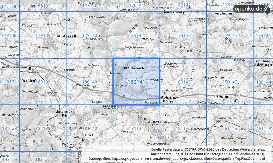 Übersichtskarte des KOSTRA-DWD-2020-Rasterfeldes Nr. 180141