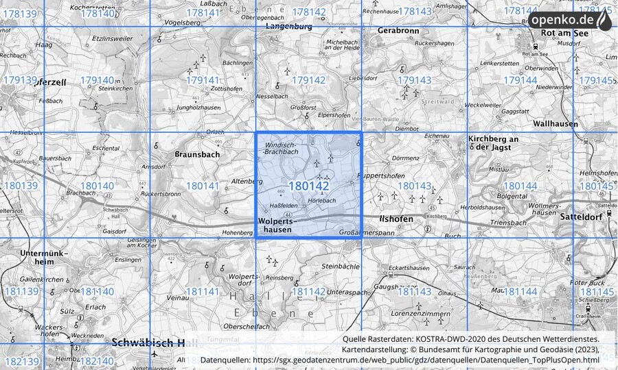 Übersichtskarte des KOSTRA-DWD-2020-Rasterfeldes Nr. 180142