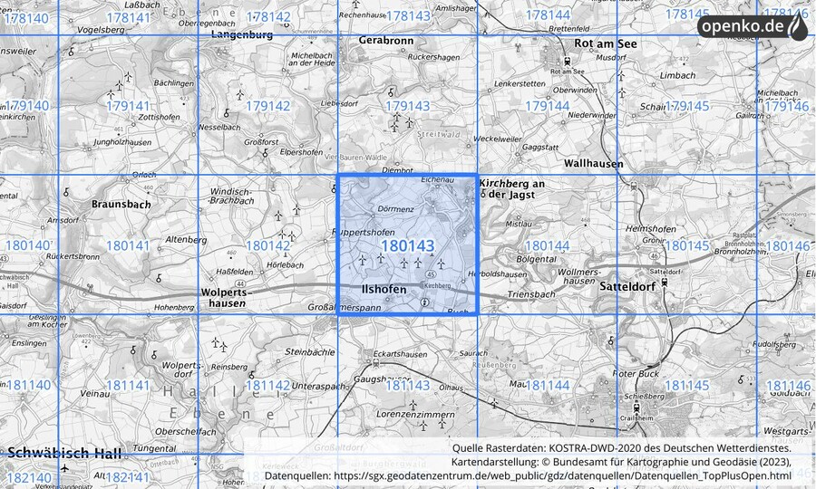 Übersichtskarte des KOSTRA-DWD-2020-Rasterfeldes Nr. 180143