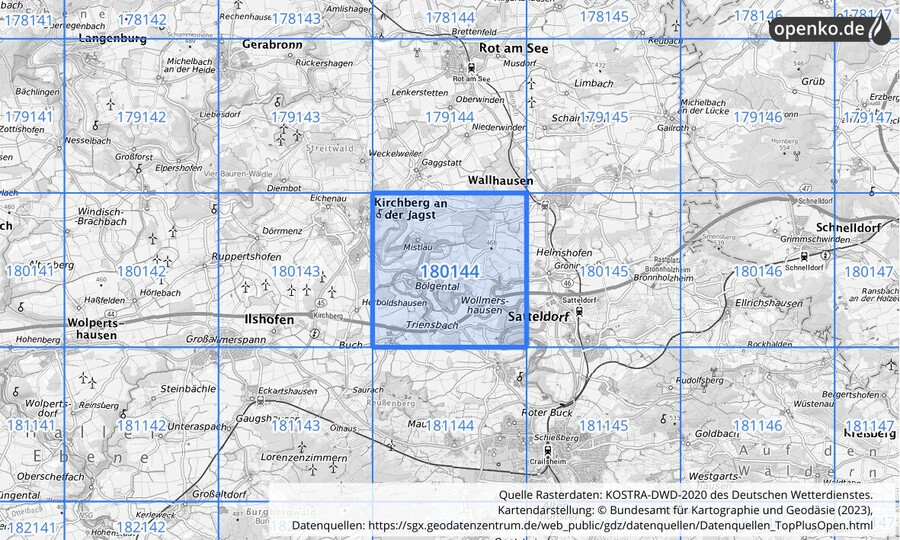 Übersichtskarte des KOSTRA-DWD-2020-Rasterfeldes Nr. 180144