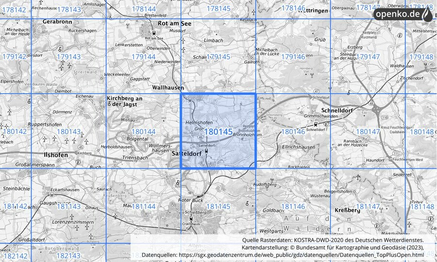 Übersichtskarte des KOSTRA-DWD-2020-Rasterfeldes Nr. 180145