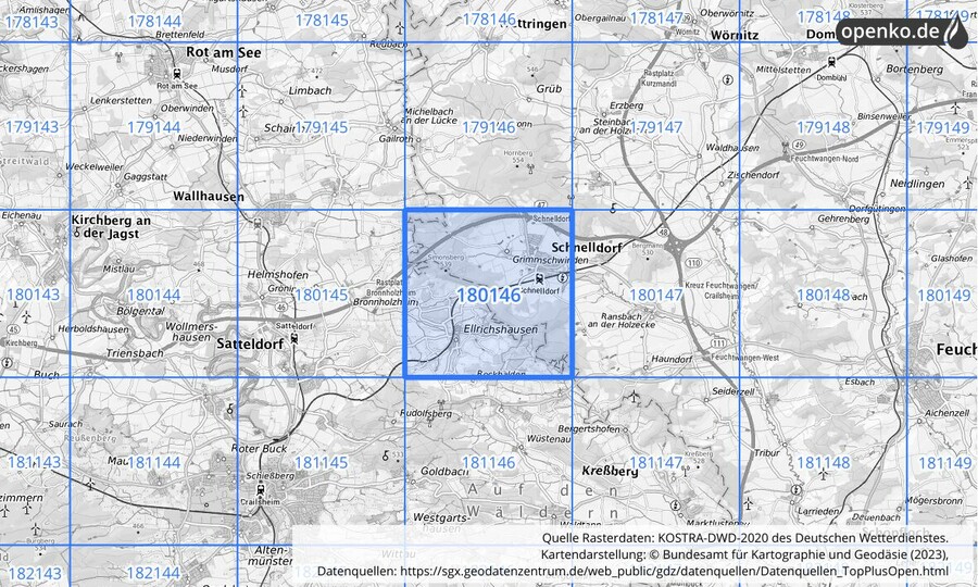 Übersichtskarte des KOSTRA-DWD-2020-Rasterfeldes Nr. 180146