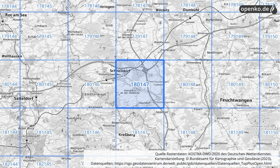 Übersichtskarte des KOSTRA-DWD-2020-Rasterfeldes Nr. 180147