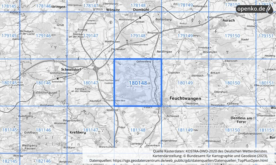 Übersichtskarte des KOSTRA-DWD-2020-Rasterfeldes Nr. 180148