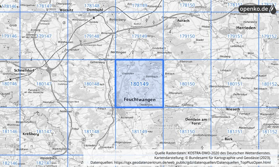 Übersichtskarte des KOSTRA-DWD-2020-Rasterfeldes Nr. 180149