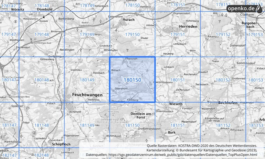 Übersichtskarte des KOSTRA-DWD-2020-Rasterfeldes Nr. 180150