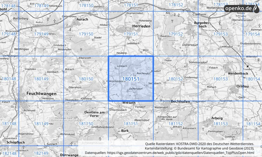 Übersichtskarte des KOSTRA-DWD-2020-Rasterfeldes Nr. 180151
