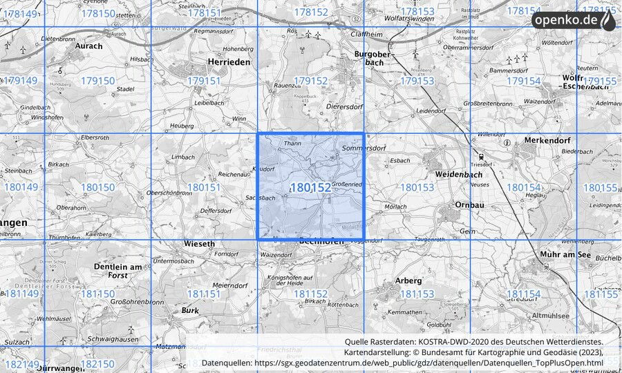 Übersichtskarte des KOSTRA-DWD-2020-Rasterfeldes Nr. 180152