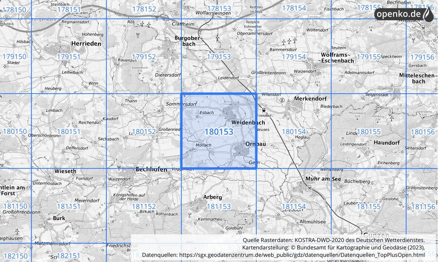 Übersichtskarte des KOSTRA-DWD-2020-Rasterfeldes Nr. 180153