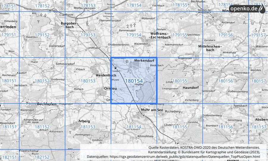 Übersichtskarte des KOSTRA-DWD-2020-Rasterfeldes Nr. 180154