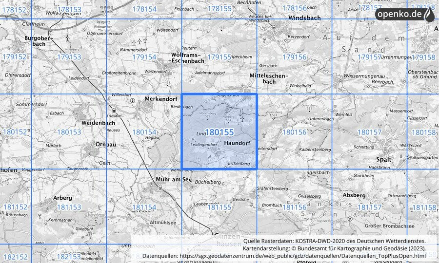 Übersichtskarte des KOSTRA-DWD-2020-Rasterfeldes Nr. 180155