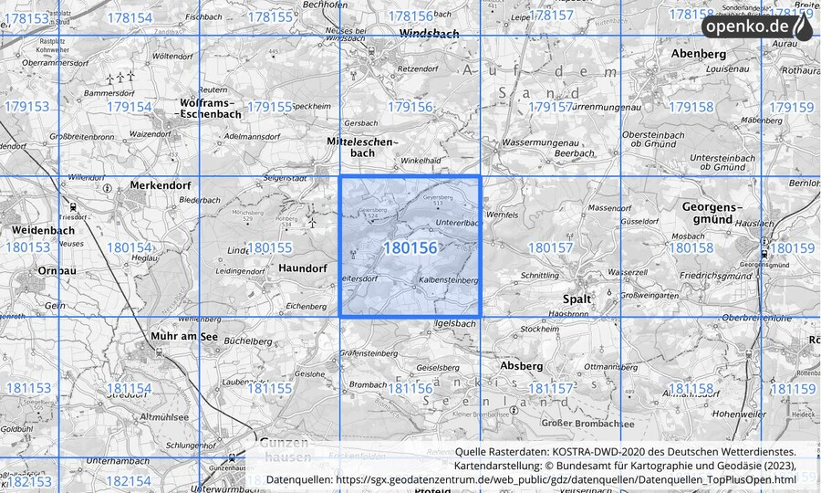 Übersichtskarte des KOSTRA-DWD-2020-Rasterfeldes Nr. 180156