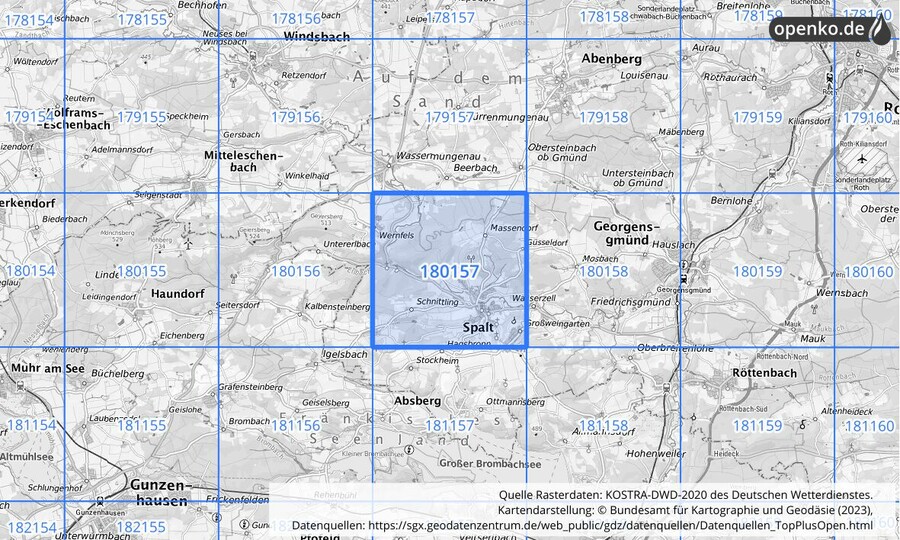 Übersichtskarte des KOSTRA-DWD-2020-Rasterfeldes Nr. 180157