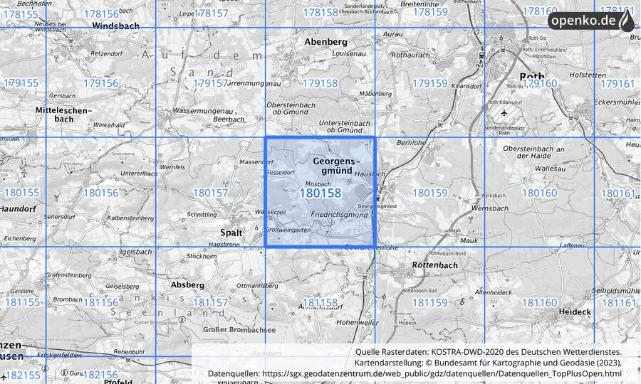 Übersichtskarte des KOSTRA-DWD-2020-Rasterfeldes Nr. 180158