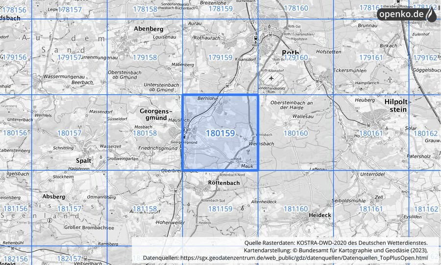 Übersichtskarte des KOSTRA-DWD-2020-Rasterfeldes Nr. 180159