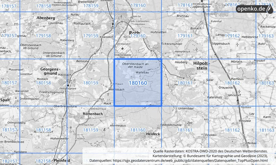 Übersichtskarte des KOSTRA-DWD-2020-Rasterfeldes Nr. 180160