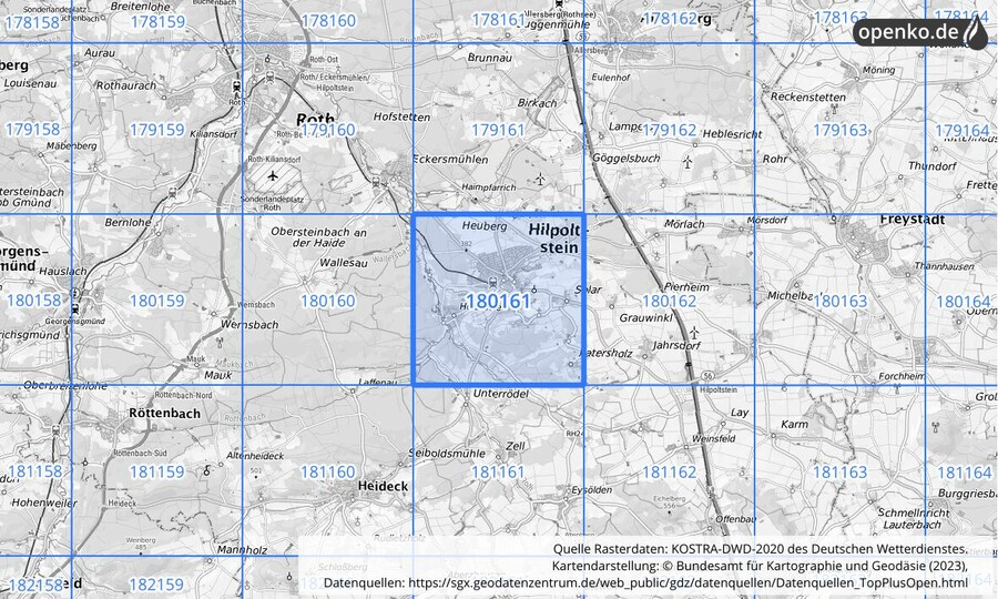 Übersichtskarte des KOSTRA-DWD-2020-Rasterfeldes Nr. 180161